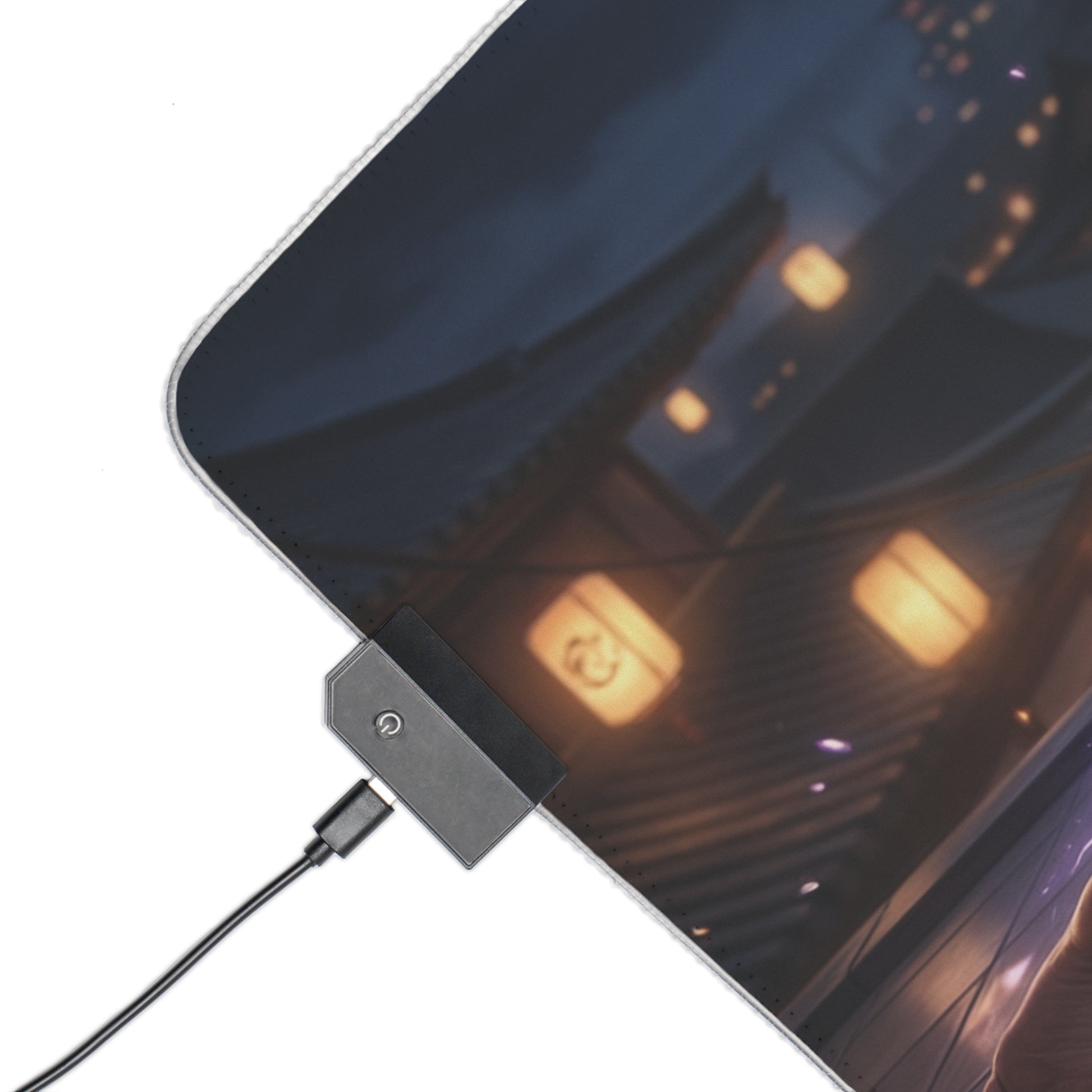 Bleach Mouse Pad, Yoruichi LED RGB Desk Mat, Gift for Gamer, Anime Room Decor showing corner RGB controller and smooth stitched edge