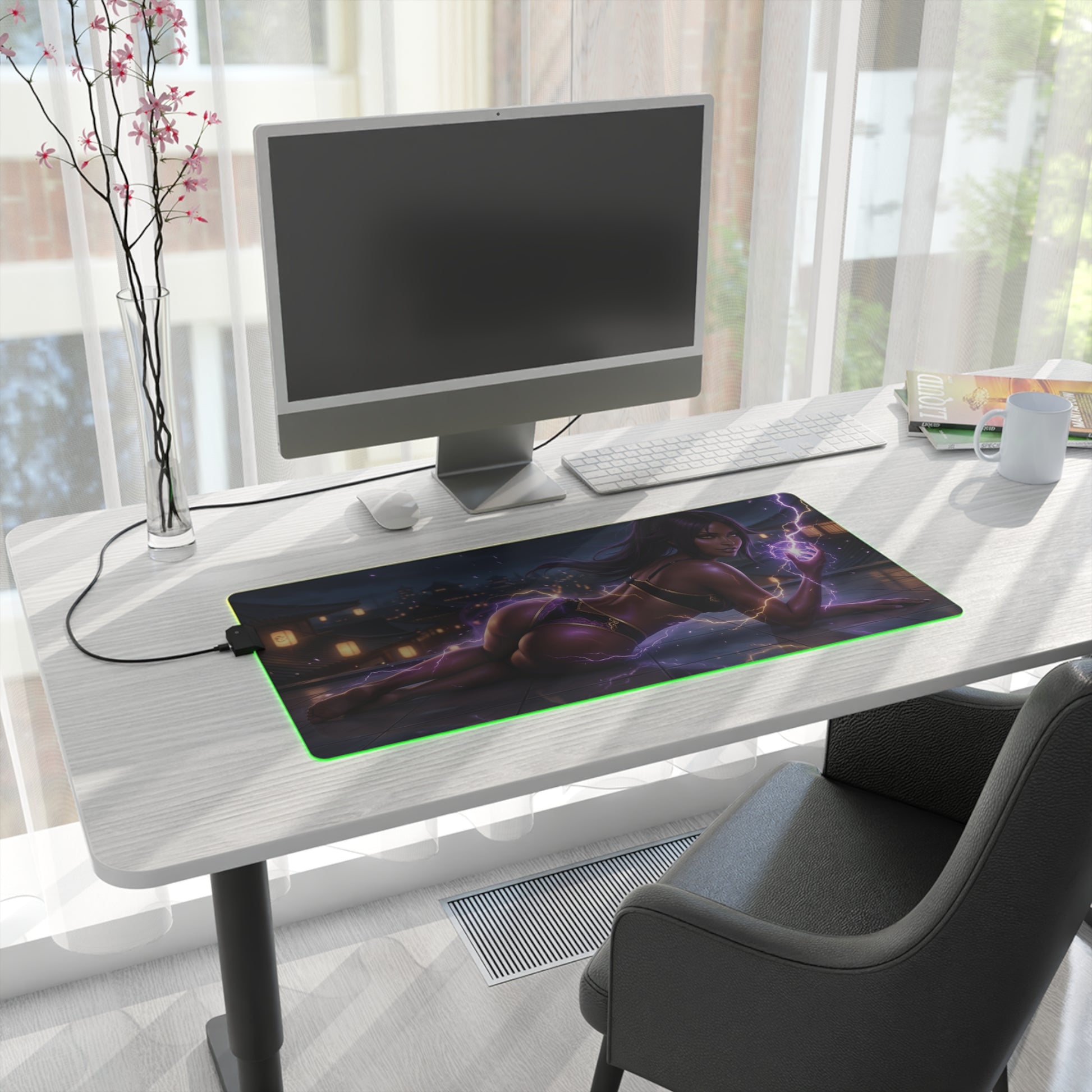 Bleach Mouse Pad, Yoruichi LED RGB Desk Mat, Gift for Gamer, Anime Room Decor showcasing Yoruichi artwork on an RGB desk mat at a gaming setup