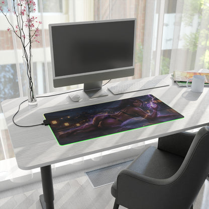 Bleach Mouse Pad, Yoruichi LED RGB Desk Mat, Gift for Gamer, Anime Room Decor showcasing Yoruichi artwork on an RGB desk mat at a gaming setup