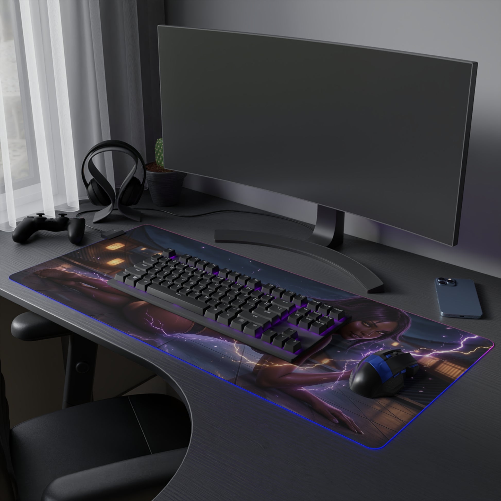 Bleach Mouse Pad, Yoruichi LED RGB Desk Mat, Gift for Gamer, Anime Room Decor — widescreen gaming desk mat with Yoruichi artwork and RGB glow