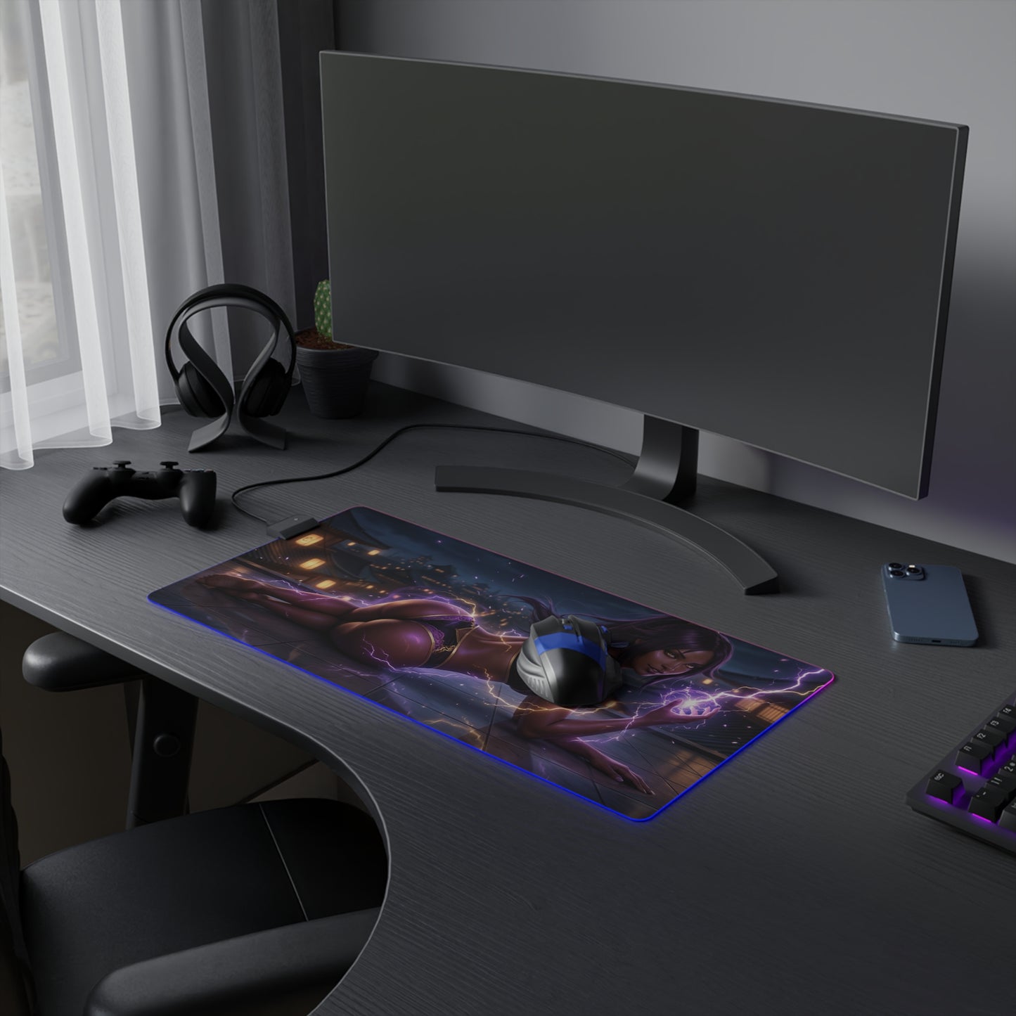 Bleach Mouse Pad, Yoruichi LED RGB Desk Mat, Gift for Gamer, Anime Room Decor - Yoruichi artwork on gaming desk with glowing RGB edges