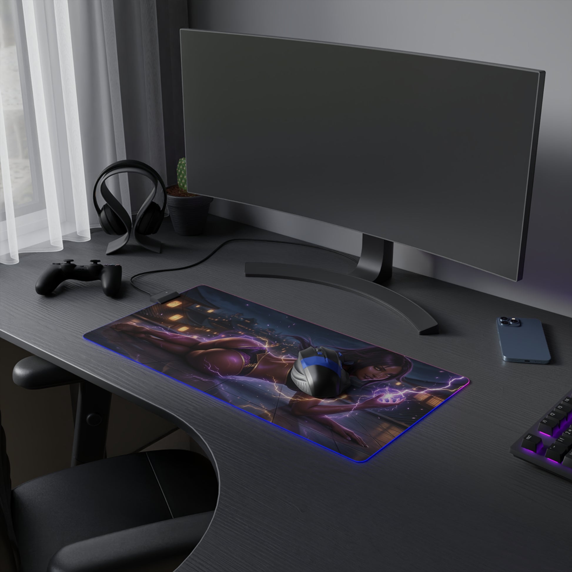 Bleach Mouse Pad, Yoruichi LED RGB Desk Mat, Gift for Gamer, Anime Room Decor - Yoruichi artwork on gaming desk with glowing RGB edges