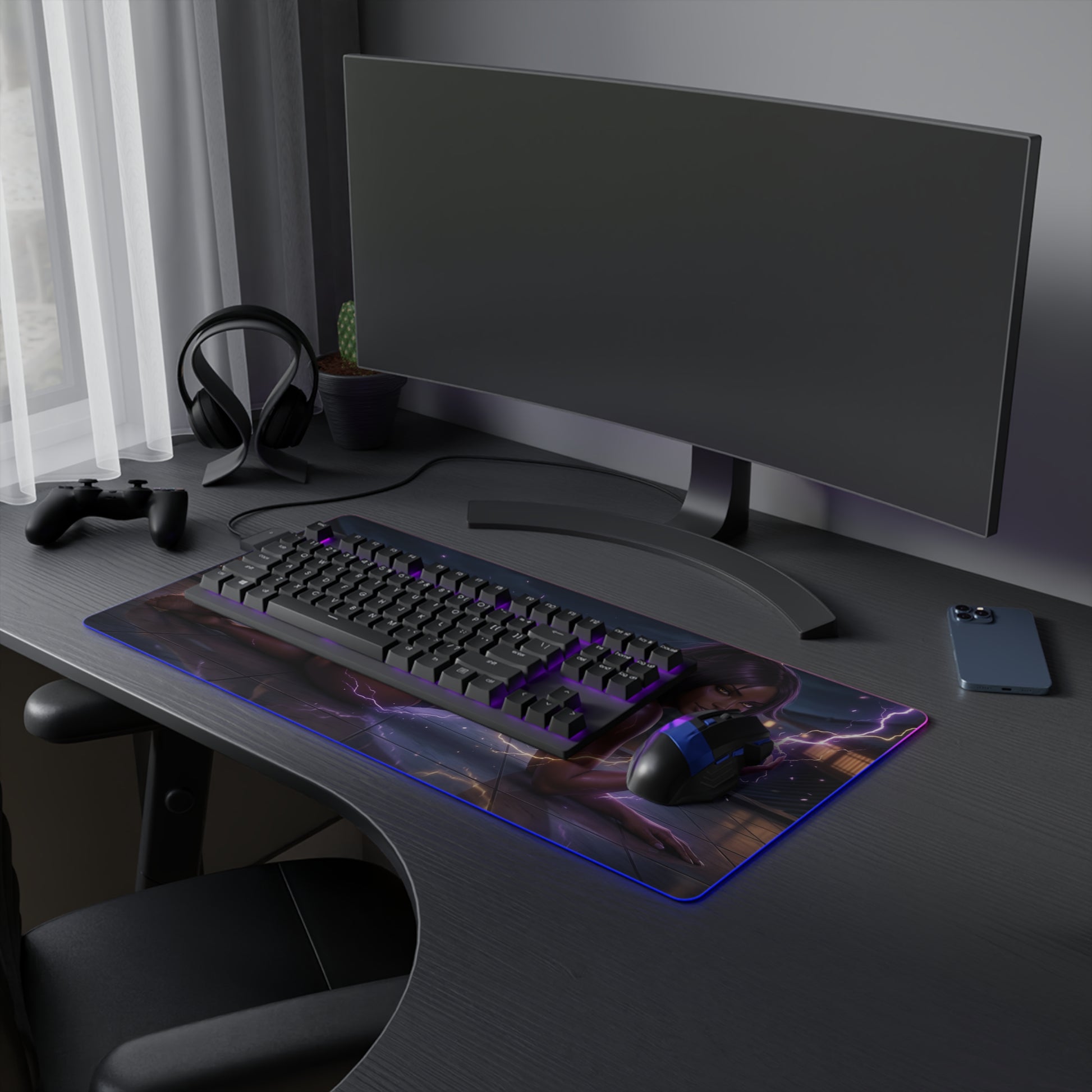 Bleach Mouse Pad, Yoruichi LED RGB Desk Mat, Gift for Gamer, Anime Room Decor showing Yoruichi art with RGB lighting on a gaming desk