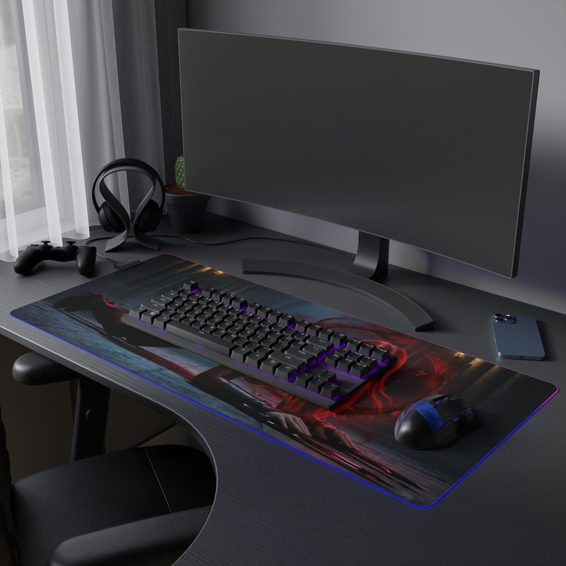 BloodRayne Mouse Pad, Rayne LED RGB Desk Mat, Gift for Gamer, Gothic Game Decor — dark vampire hunter desk mat with red accents and RGB glow