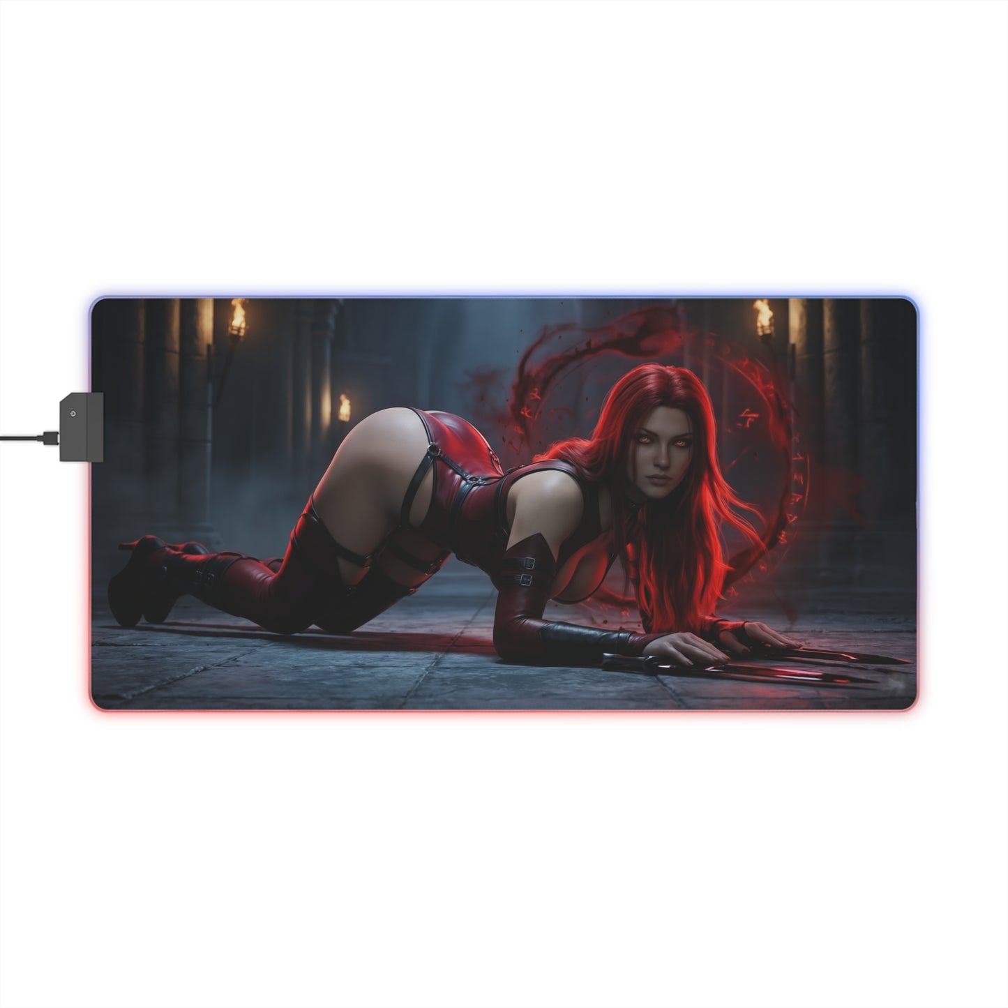 BloodRayne Mouse Pad, Rayne LED RGB Desk Mat, Gift for Gamer, Gothic Game Decor — gothic vampire-hunter desk mat with red-haired Rayne artwork