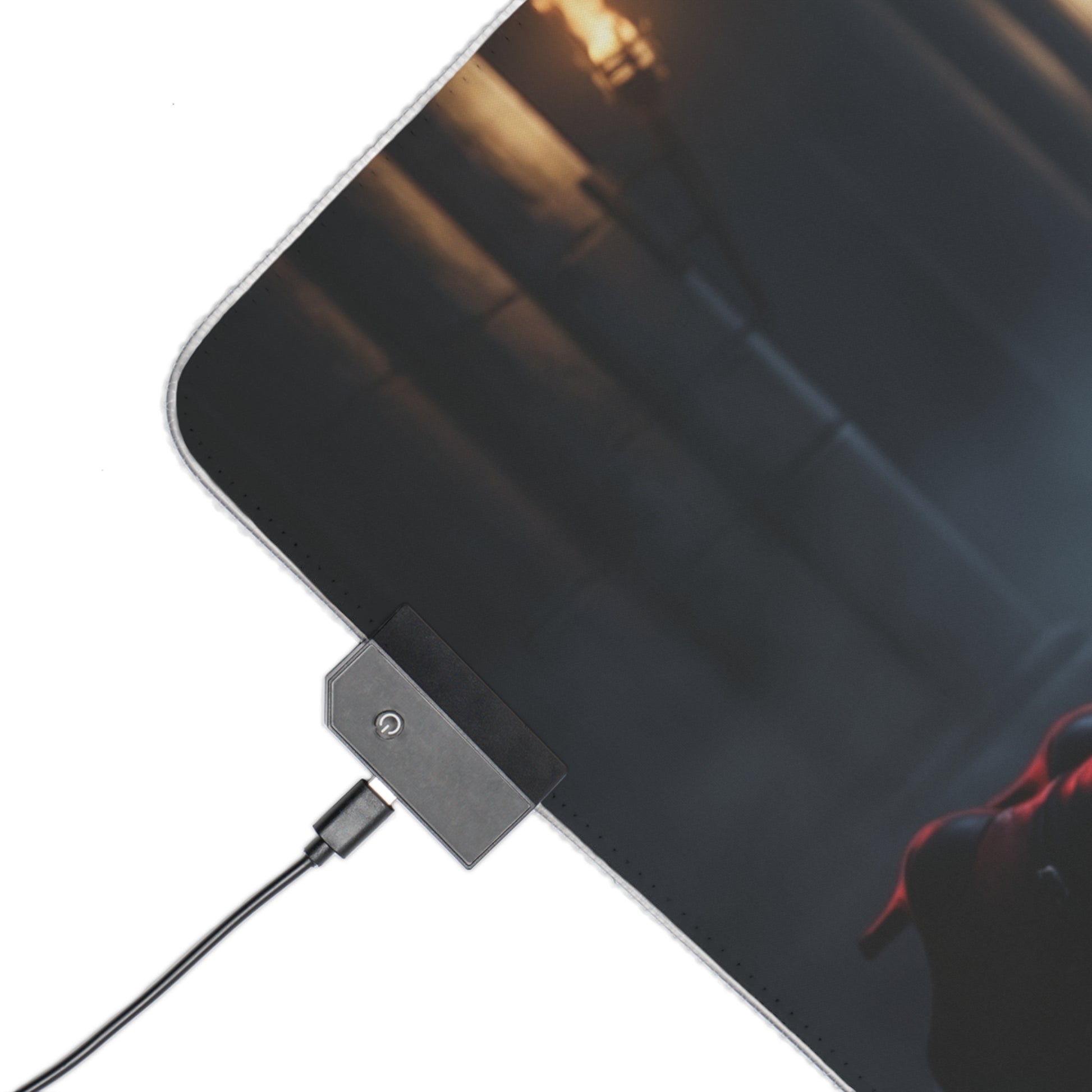 BloodRayne Mouse Pad, Rayne LED RGB Desk Mat, Gift for Gamer, Gothic Game Decor showing RGB controller and stitched edge on dark gothic artwork