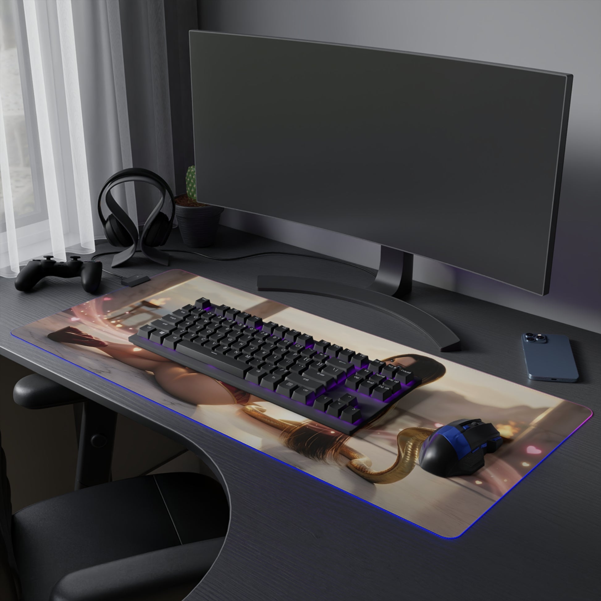 Boa Hancock RGB Mouse Pad – One Piece LED Desk Mat, Anime Gamer Decor on black gaming desk with keyboard and RGB lighting