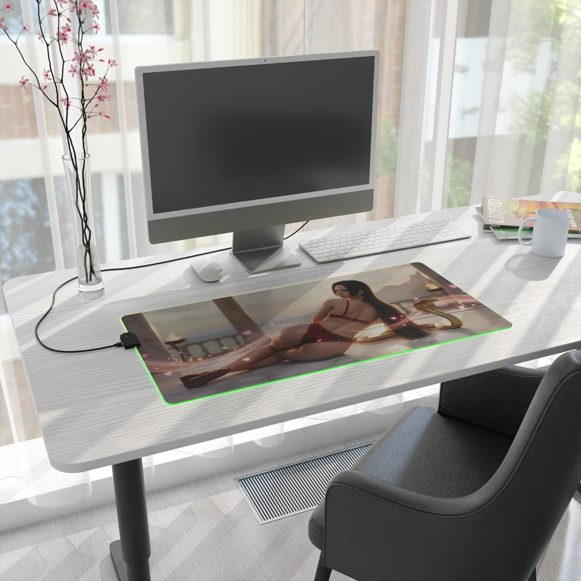 Boa Hancock RGB Mouse Pad – One Piece LED Desk Mat, Anime Gamer Decor on bright RGB gaming desk with keyboard and mouse