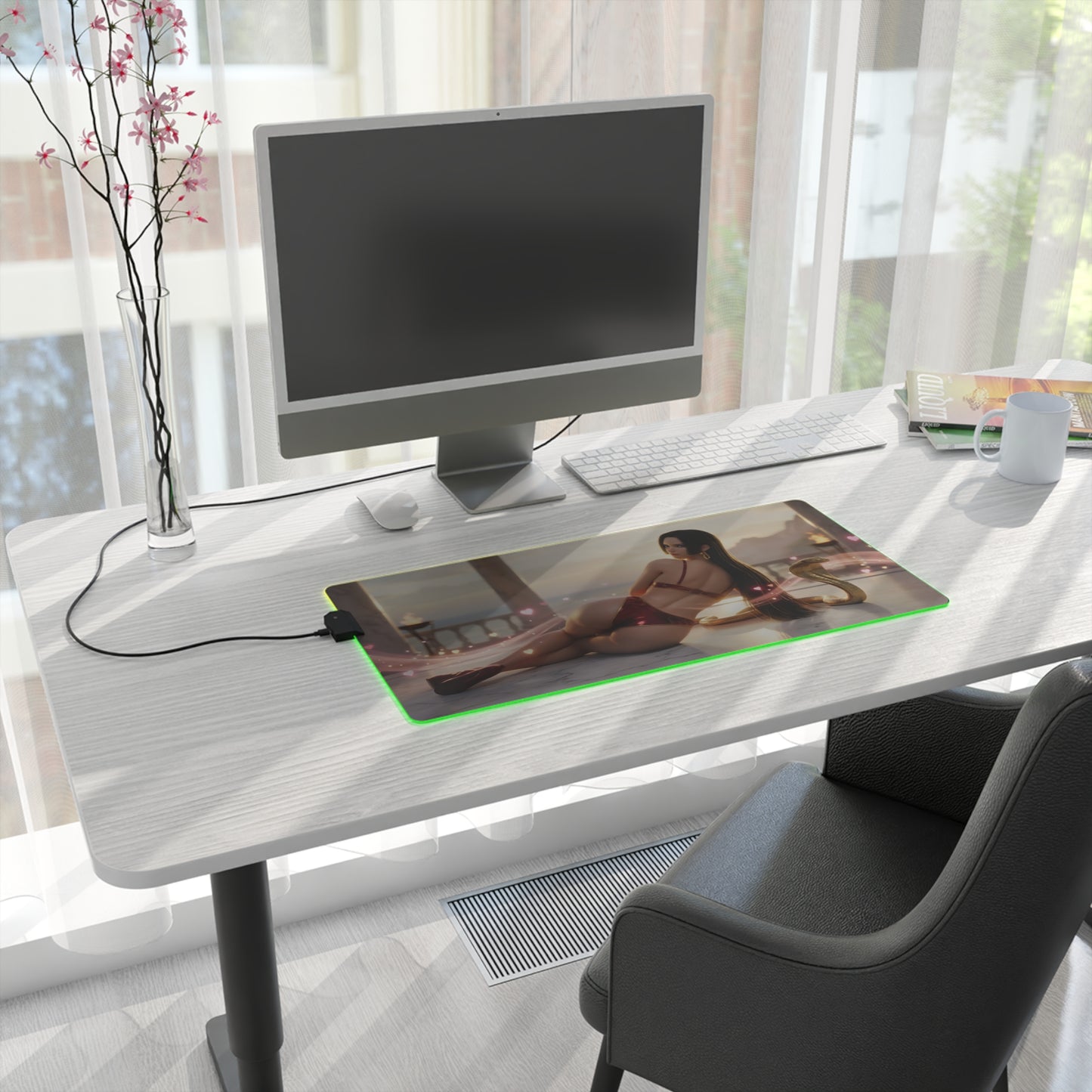Boa Hancock RGB Mouse Pad – One Piece LED Desk Mat, Anime Gamer Decor on a modern desk with green RGB edge lighting and anime artwork