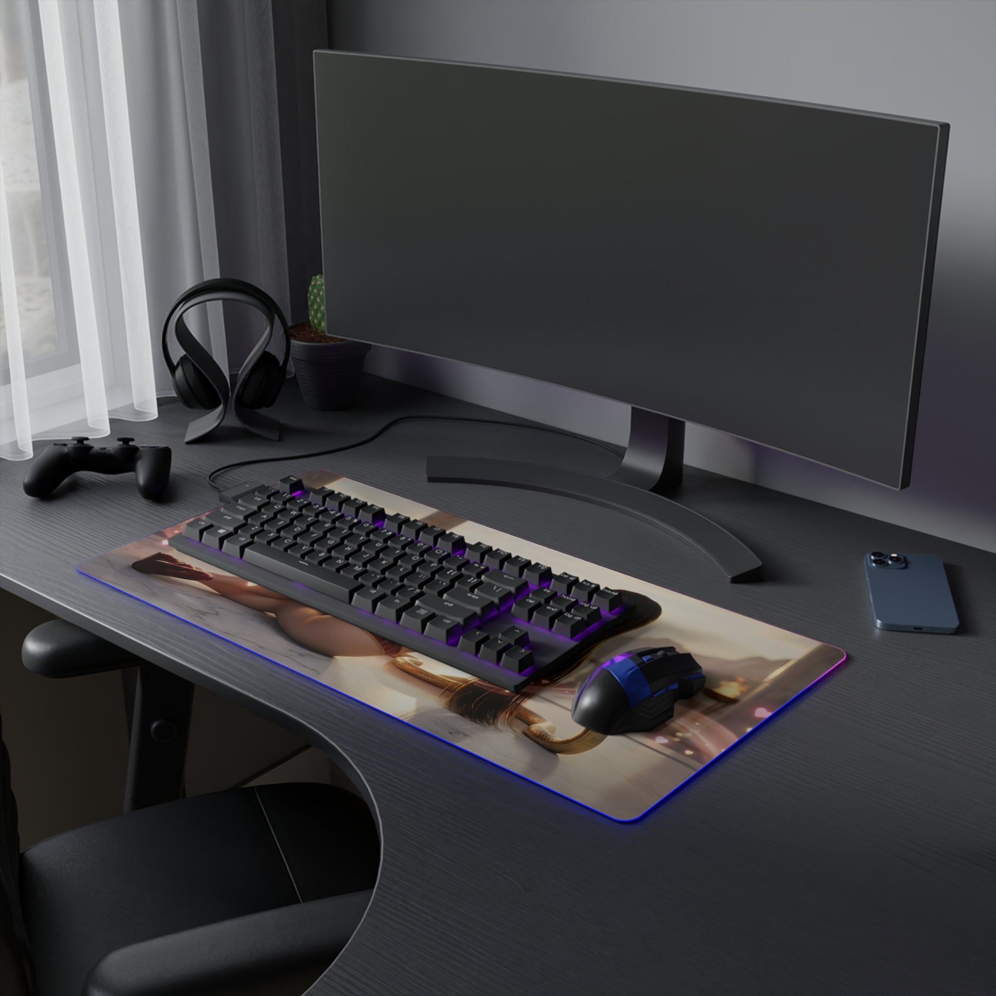 Boa Hancock RGB Mouse Pad – One Piece LED Desk Mat, Anime Gamer Decor on a gaming desk with keyboard, mouse, and RGB edge lighting