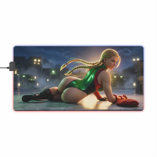 Cammy White RGB Mouse Pad – Street Fighter Illuminated Desk Mat, Fighting Gamer Setup featuring Cammy artwork with RGB edge lighting and anti-slip base