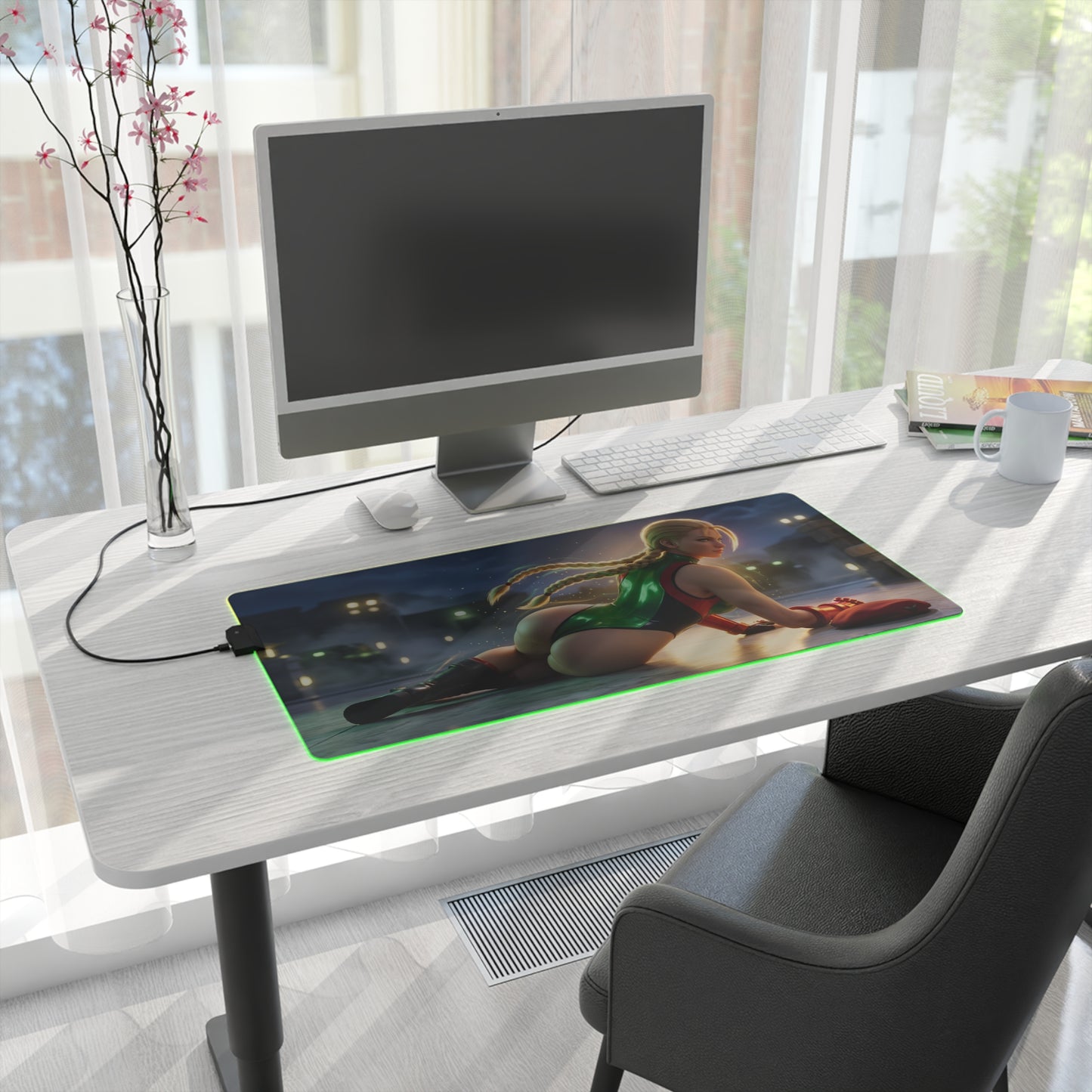 Cammy White RGB Mouse Pad – Street Fighter Illuminated Desk Mat, Fighting Gamer Setup on a clean white desk with RGB edge lighting and full keyboard coverage