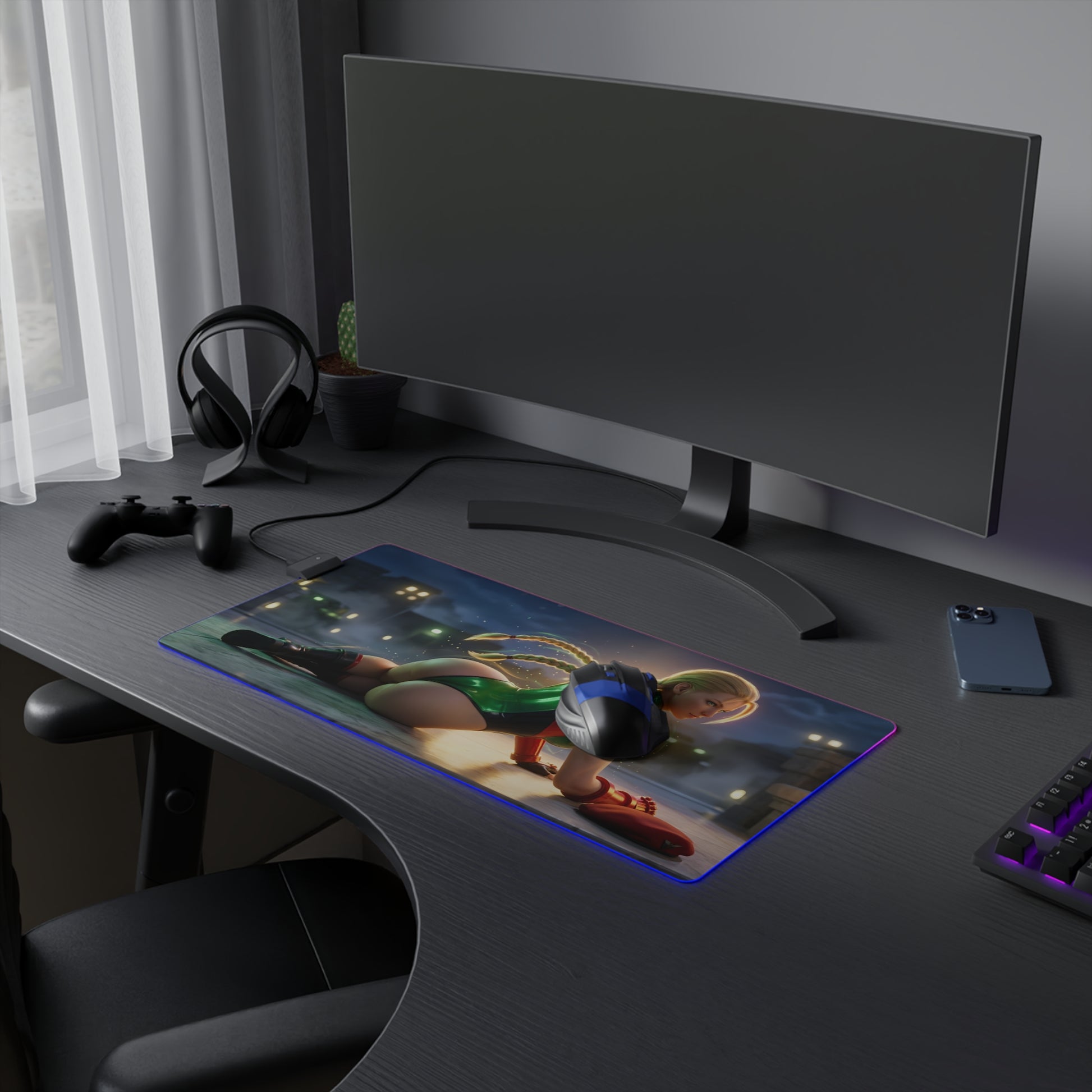 Cammy White RGB Mouse Pad – Street Fighter Illuminated Desk Mat, Fighting Gamer Setup on a gaming desk with RGB edge lighting and full keyboard coverage