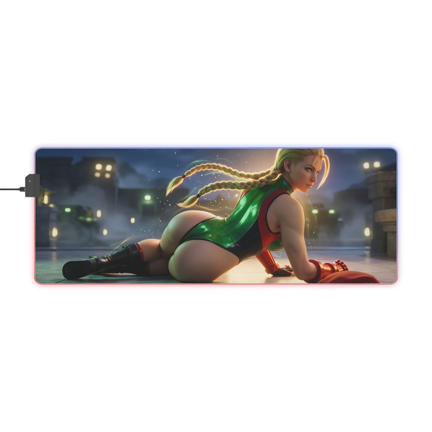 Cammy White RGB Mouse Pad – Street Fighter Illuminated Desk Mat, Fighting Gamer Setup close-up of illuminated extended desk mat with Cammy character artwork
