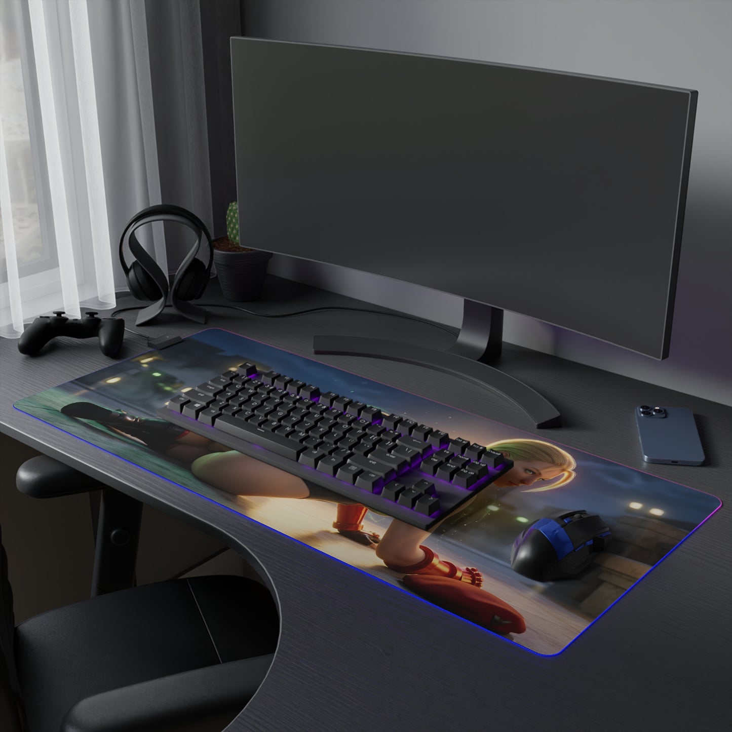 Cammy White RGB Mouse Pad – Street Fighter Illuminated Desk Mat, Fighting Gamer Setup on extended desk with RGB keyboard and mouse