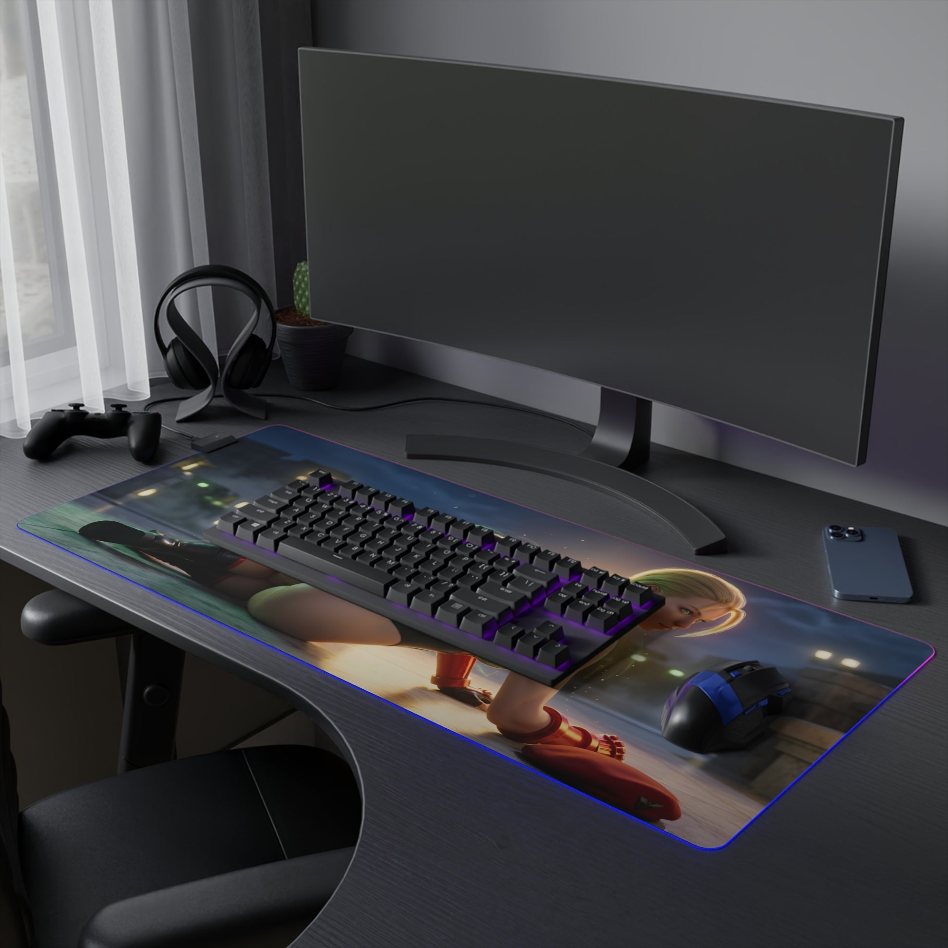 Cammy White RGB Mouse Pad – Street Fighter Illuminated Desk Mat, Fighting Gamer Setup on extended desk with RGB keyboard and mouse