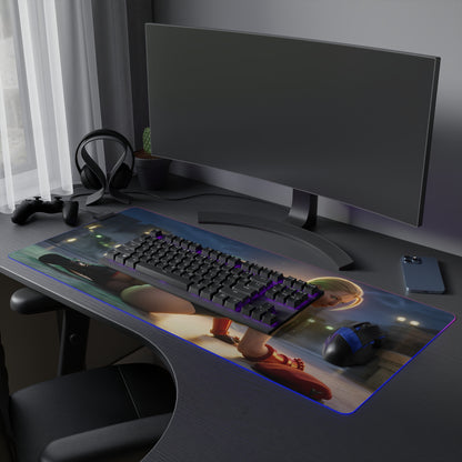 Cammy White RGB Mouse Pad – Street Fighter Illuminated Desk Mat, Fighting Gamer Setup on extended desk with RGB keyboard and mouse