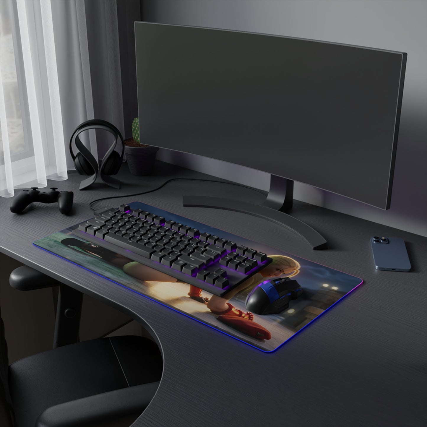 Cammy White RGB Mouse Pad – Street Fighter Illuminated Desk Mat, Fighting Gamer Setup on a competitive RGB gaming desk with keyboard and mouse