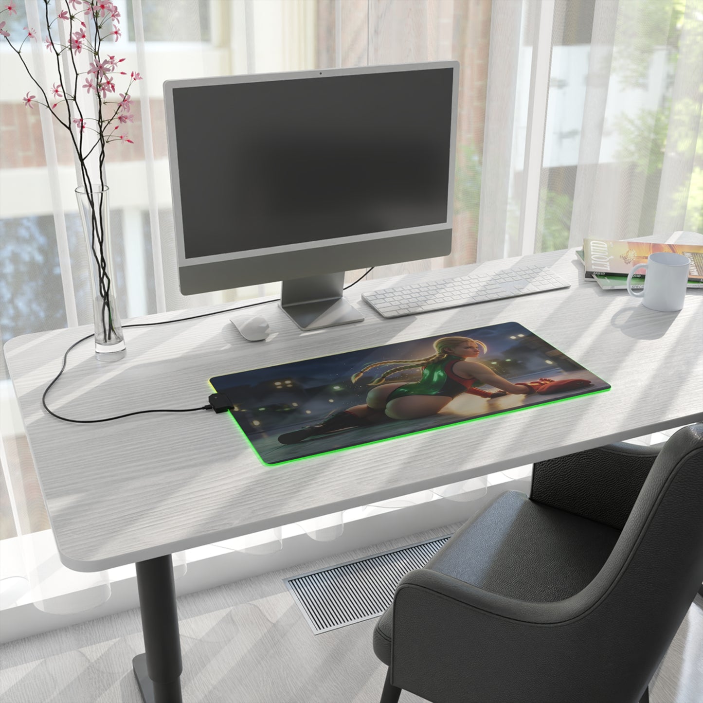 Cammy White RGB Mouse Pad – Street Fighter Illuminated Desk Mat, Fighting Gamer Setup on modern white desk with monitor and RGB lighting