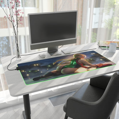 Cammy White RGB Mouse Pad – Street Fighter Illuminated Desk Mat, Fighting Gamer Setup on desk with RGB edge lighting and full keyboard coverage