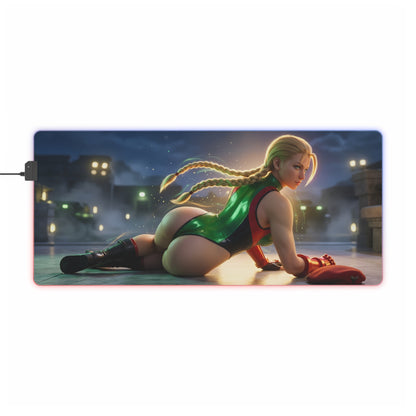 Cammy White RGB Mouse Pad – Street Fighter Illuminated Desk Mat, Fighting Gamer Setup featuring Cammy artwork, RGB edge lighting, extended anti-slip mat