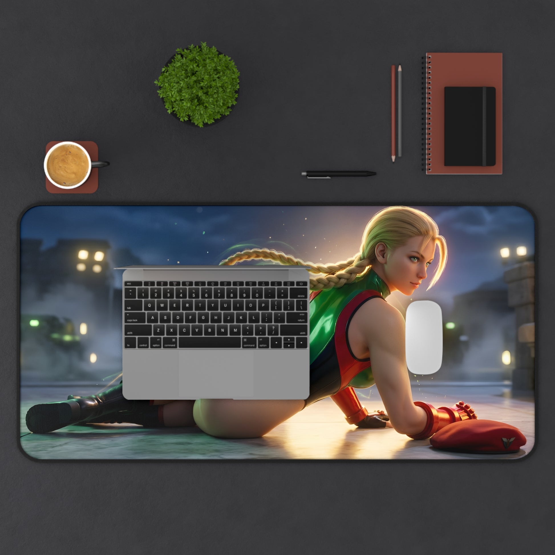 Cammy White Mouse Pad – Street Fighter Gaming Mouse Pad, Stylish Gamer Desk Decor showing Cammy artwork on a large gaming desk mat