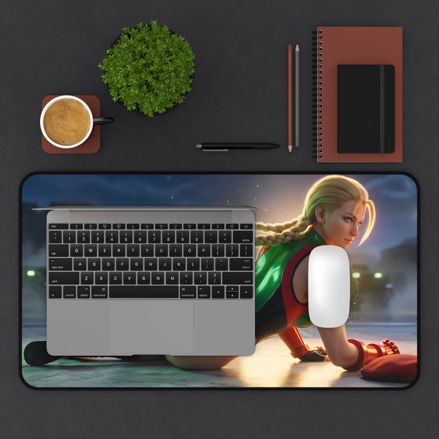 Cammy White Mouse Pad – Street Fighter Gaming Mouse Pad, Stylish Gamer Desk Decor on gaming desk with laptop and mouse