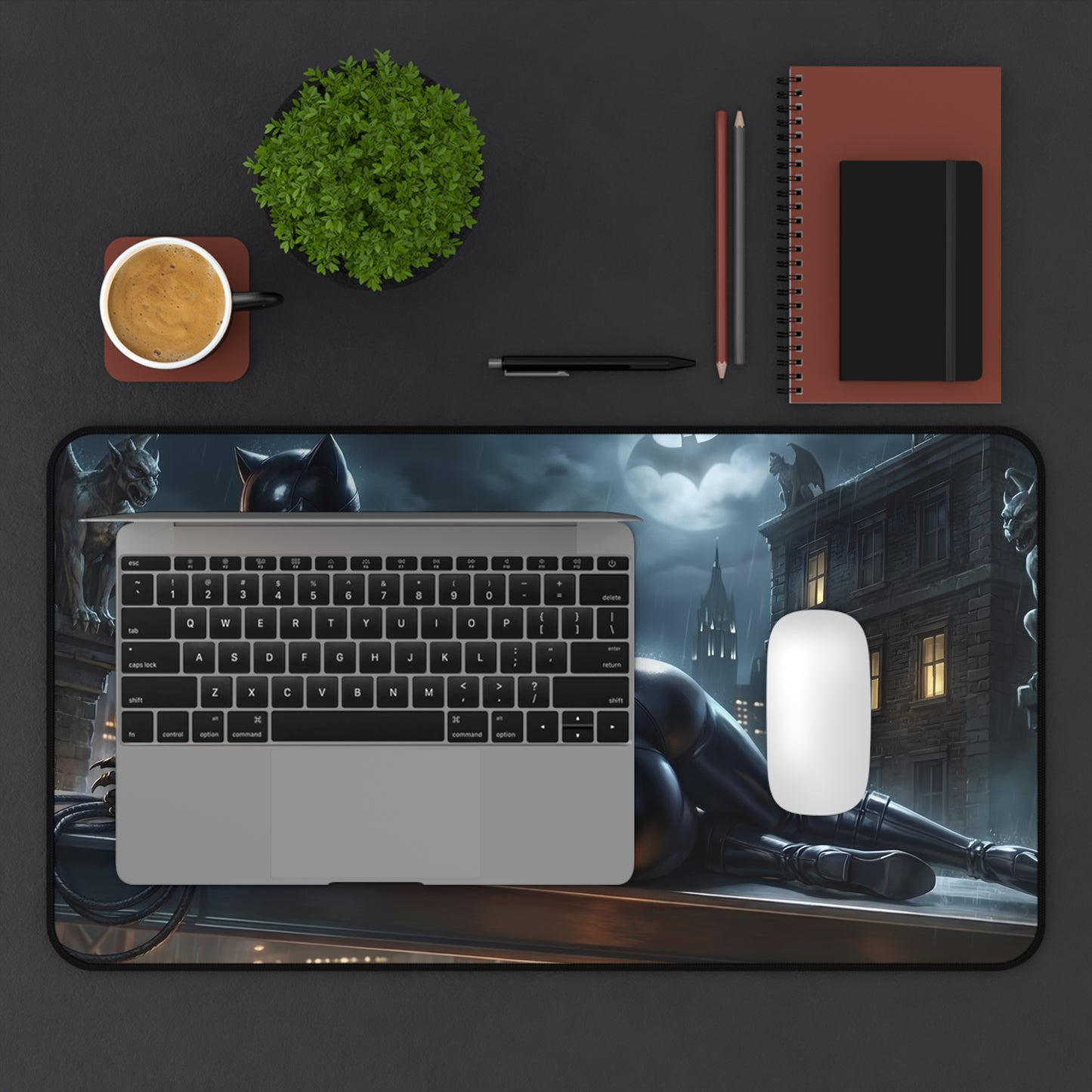 Catwoman Mouse Pad – DC Comics Gaming Mouse Pad, Stylish Gamer Desk Decor on dark gaming desk with laptop, mouse and coffee