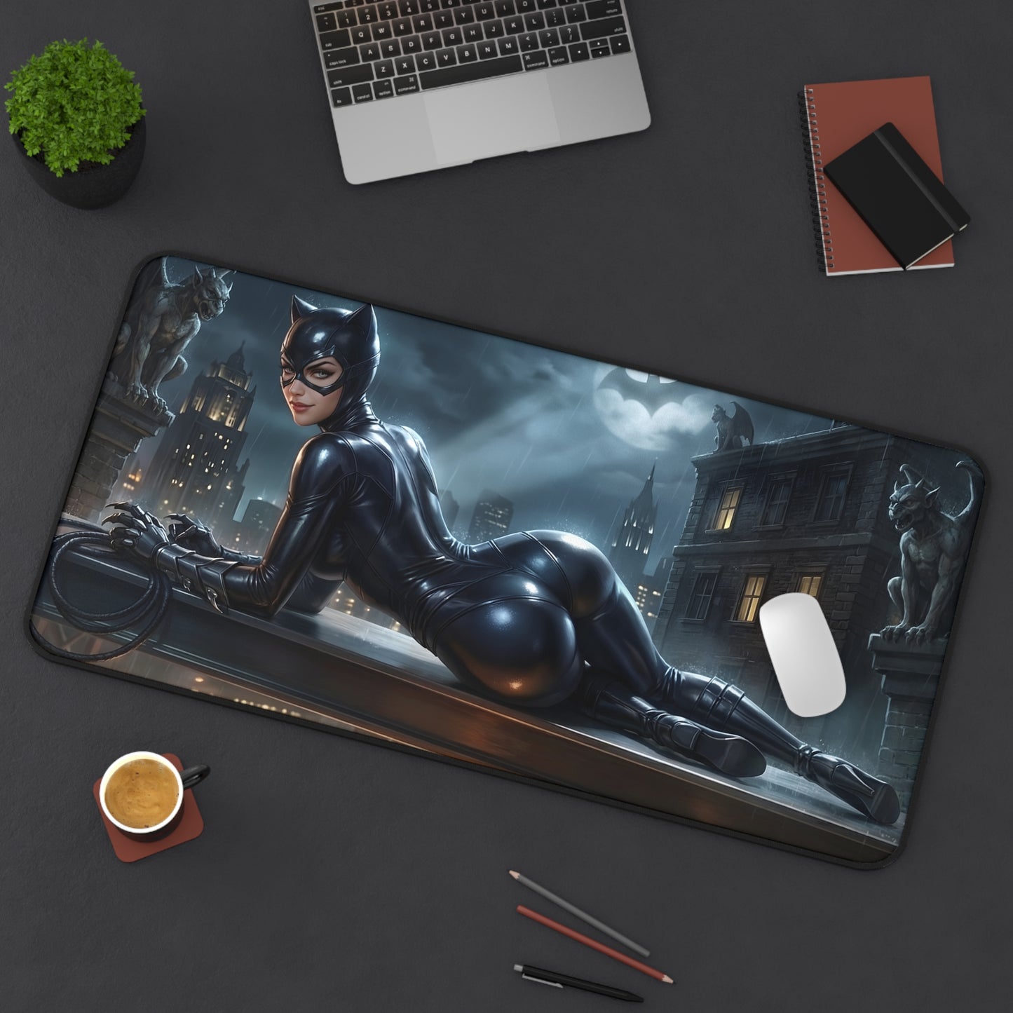 Catwoman Mouse Pad – DC Comics Gaming Mouse Pad, Stylish Gamer Desk Decor on a modern gaming desk with Catwoman artwork and smooth control