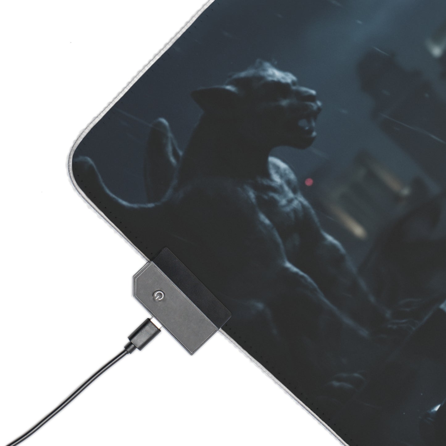 DC Mouse Pad, Catwoman Illuminated LED Desk Mat, Gift for Gamer, Superhero Room Decor - close-up illuminated corner with Catwoman rooftop art and USB connector