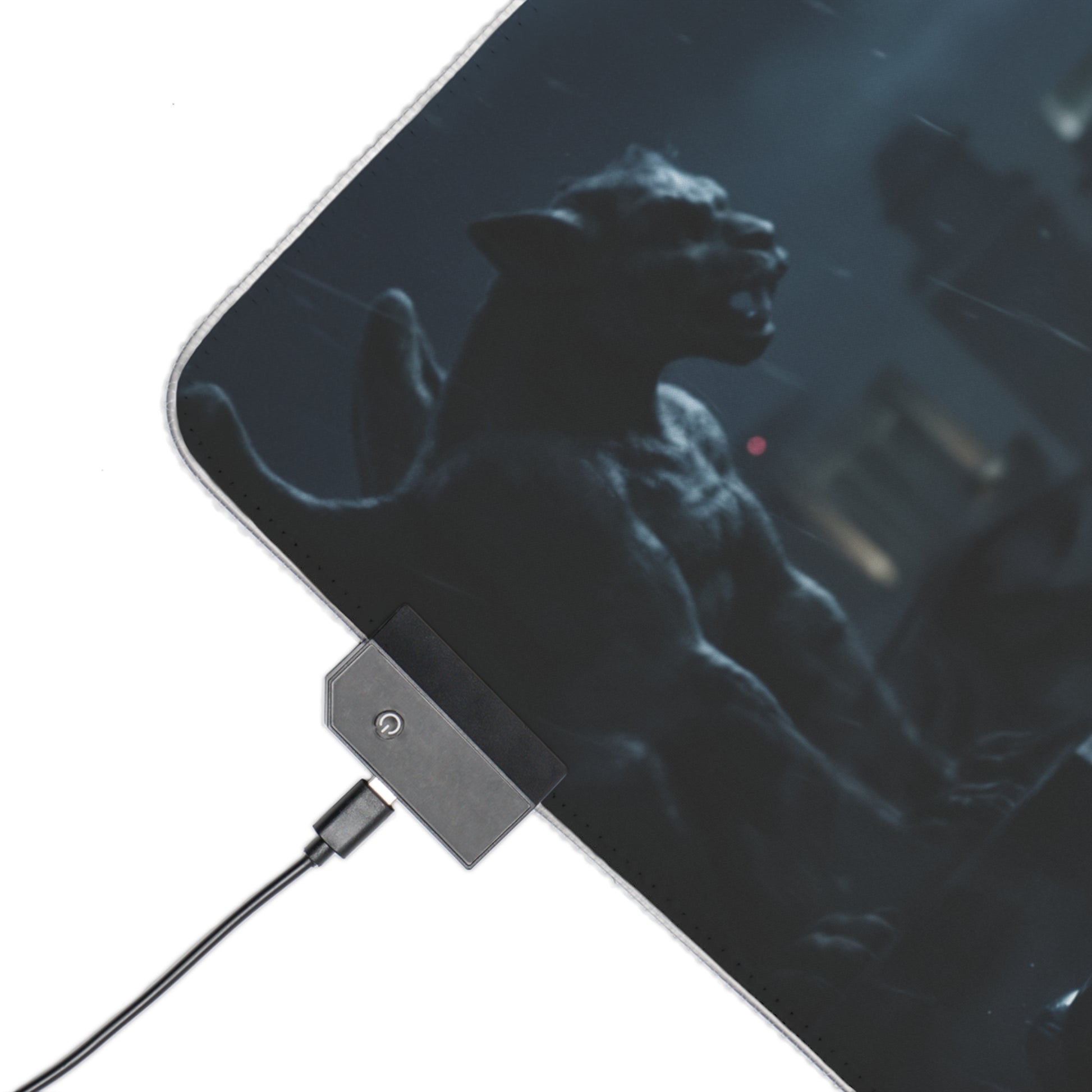 DC Mouse Pad, Catwoman Illuminated LED Desk Mat, Gift for Gamer, Superhero Room Decor - close-up illuminated corner with Catwoman rooftop art and USB connector