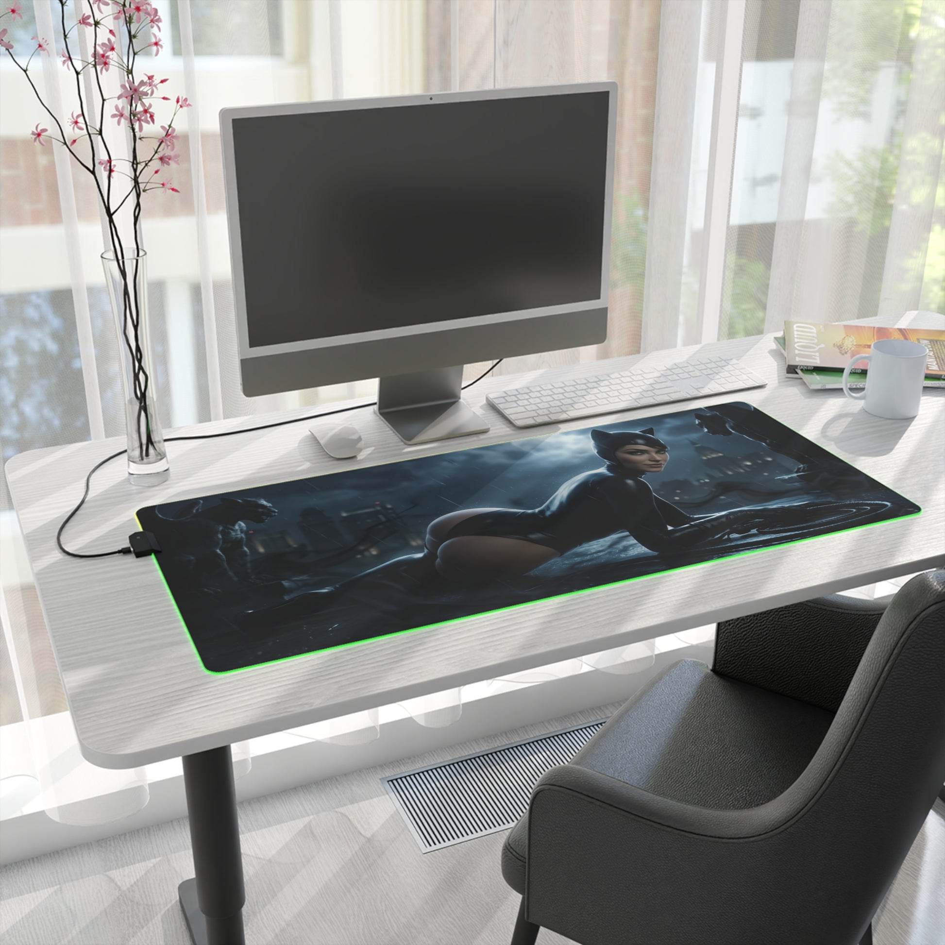 DC Mouse Pad, Catwoman Illuminated LED Desk Mat, Gift for Gamer, Superhero Room Decor - sleek Catwoman rooftop gaming desk mat with green LED edge
