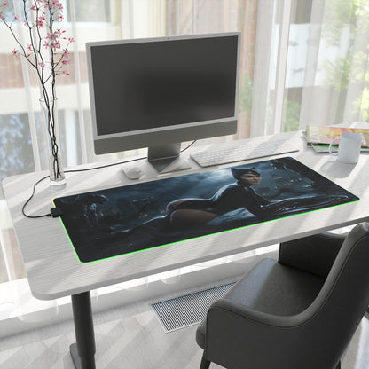DC Mouse Pad, Catwoman Illuminated LED Desk Mat, Gift for Gamer, Superhero Room Decor - sleek Catwoman rooftop gaming desk mat with green LED edge
