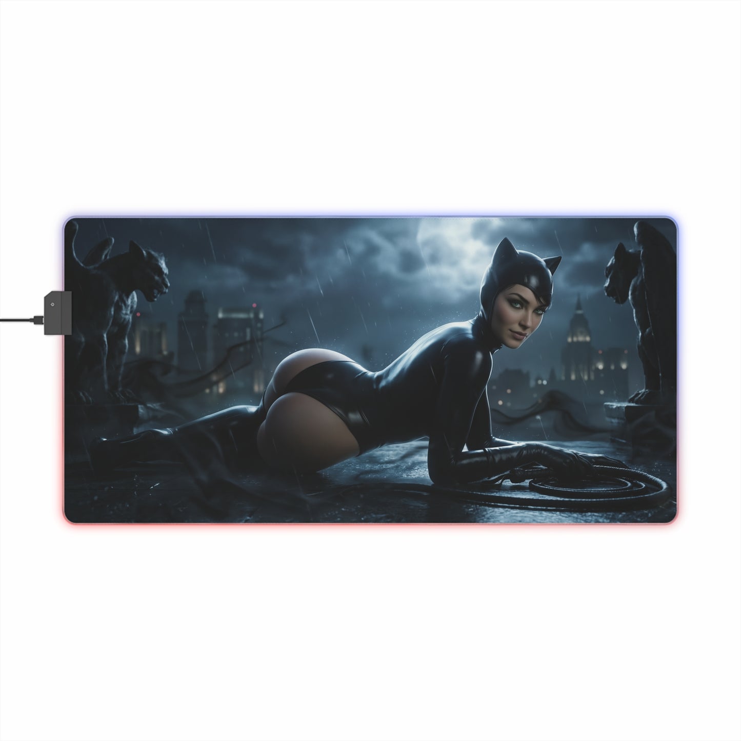 DC Mouse Pad, Catwoman Illuminated LED Desk Mat, Gift for Gamer, Superhero Room Decor — illuminated gaming desk mat featuring Catwoman on a Gotham rooftop at night