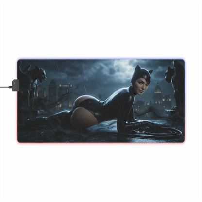 DC Mouse Pad, Catwoman Illuminated LED Desk Mat, Gift for Gamer, Superhero Room Decor — illuminated gaming desk mat featuring Catwoman on a Gotham rooftop at night