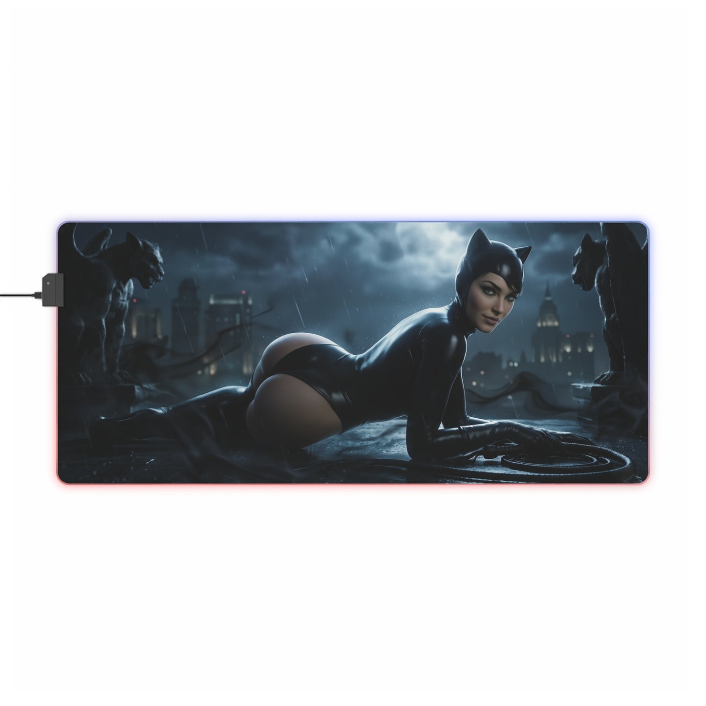 DC Mouse Pad, Catwoman Illuminated LED Desk Mat, Gift for Gamer, Superhero Room Decor — sleek Gotham rooftop gaming mat with Catwoman artwork and RGB lighting