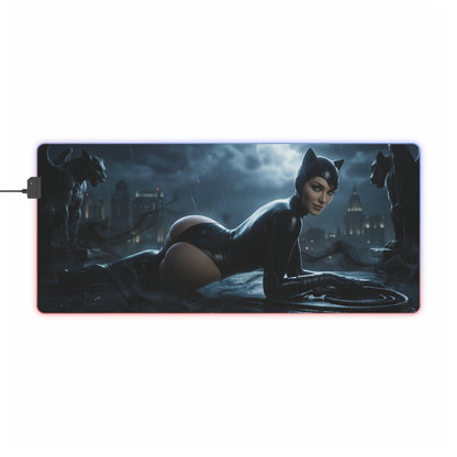 DC Mouse Pad, Catwoman Illuminated LED Desk Mat, Gift for Gamer, Superhero Room Decor — sleek Gotham rooftop gaming mat with Catwoman artwork and RGB lighting