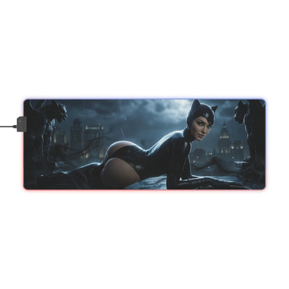DC Mouse Pad, Catwoman Illuminated LED Desk Mat, Gift for Gamer, Superhero Room Decor — sleek Catwoman rooftop LED gaming desk mat