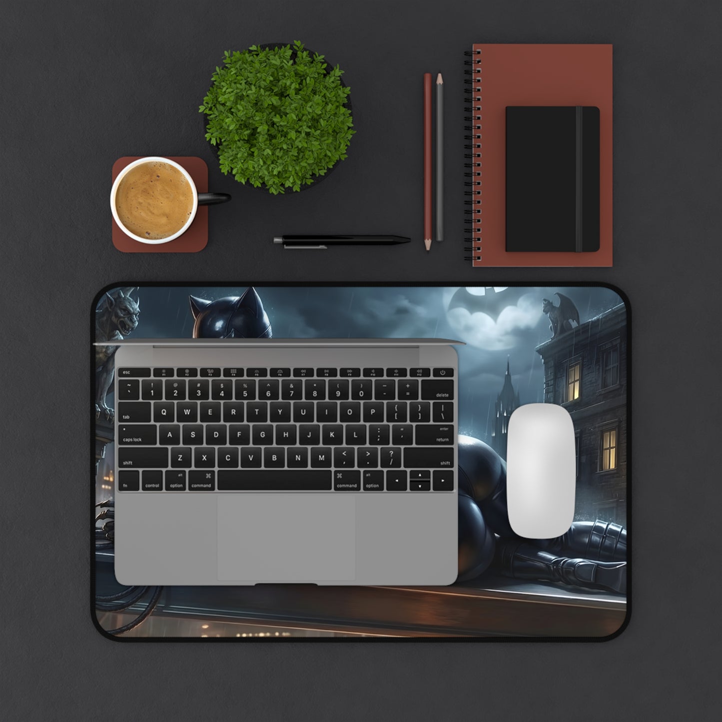 Catwoman Mouse Pad – DC Comics Gaming Mouse Pad, Stylish Gamer Desk Decor on a gaming desk with laptop, mouse, and coffee cup