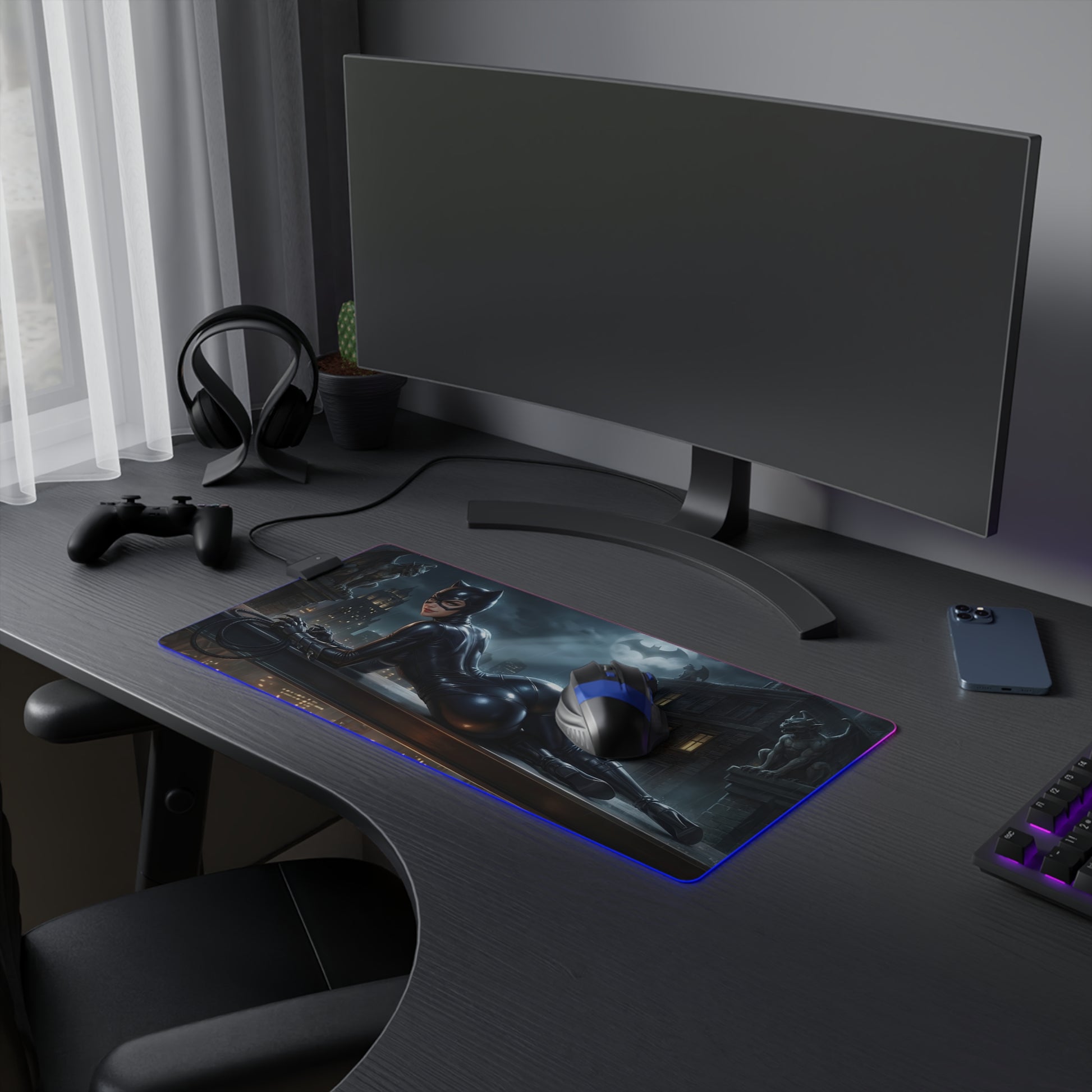 Catwoman RGB Mouse Pad – DC Comics LED Desk Mat, Villain Gamer Decor on a gaming desk with RGB edge lighting and full keyboard coverage