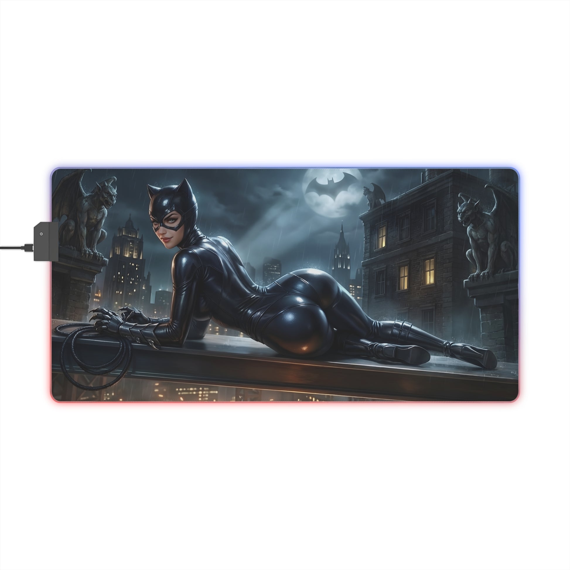 Catwoman RGB Mouse Pad – DC Comics LED Desk Mat, Villain Gamer Decor featuring HD Catwoman art, RGB edge lighting, extended non-slip gaming desk mat