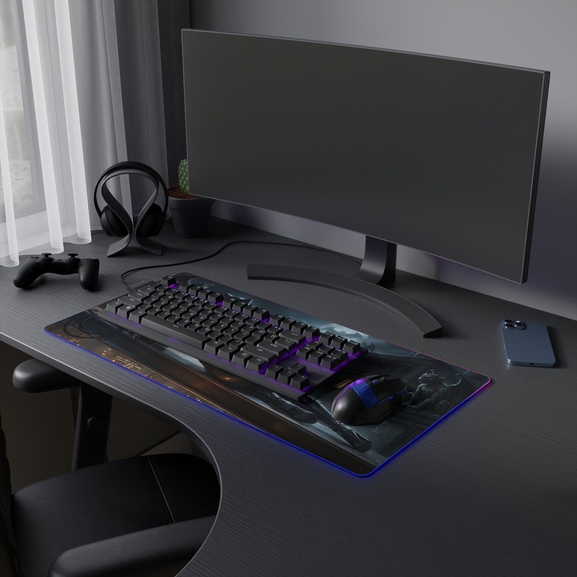 Catwoman RGB Mouse Pad – DC Comics LED Desk Mat, Villain Gamer Decor on black gaming desk with keyboard, mouse and RGB edge lighting