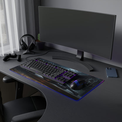 Catwoman RGB Mouse Pad – DC Comics LED Desk Mat, Villain Gamer Decor on black gaming desk with keyboard, mouse and RGB edge lighting