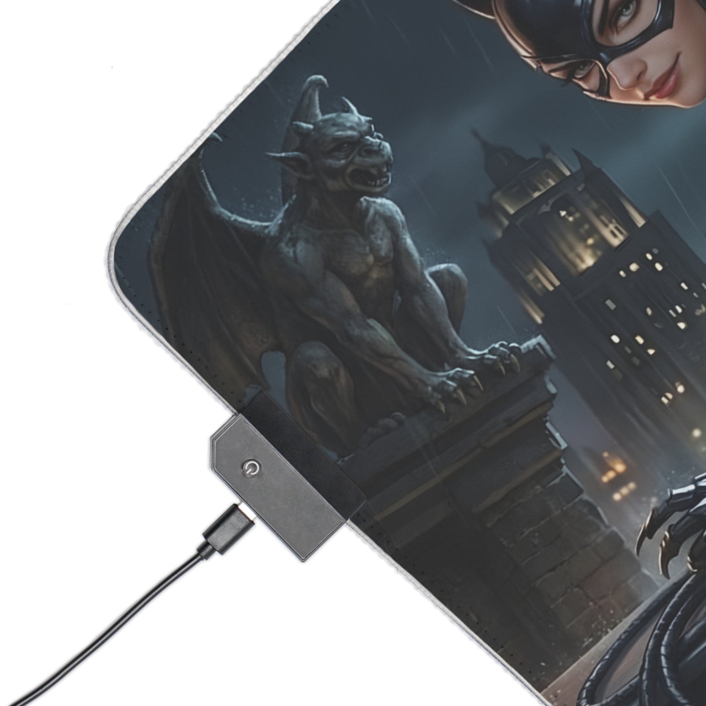 Catwoman RGB Mouse Pad – DC Comics LED Desk Mat, Villain Gamer Decor showing Catwoman close-up, gargoyle and RGB lighting on extended desk mat