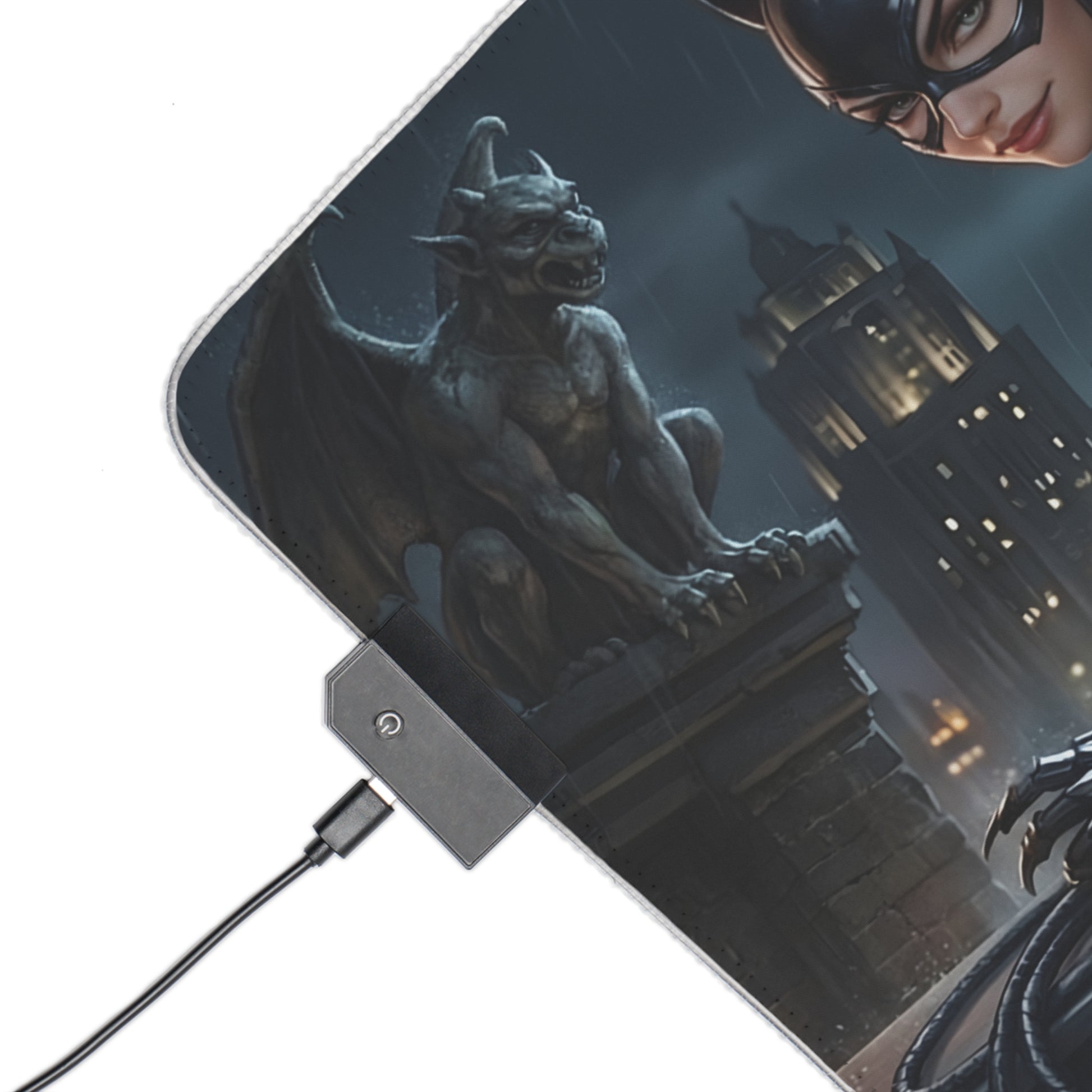 Catwoman RGB Mouse Pad – DC Comics LED Desk Mat, Villain Gamer Decor showing Catwoman close-up, gargoyle and RGB lighting on extended desk mat