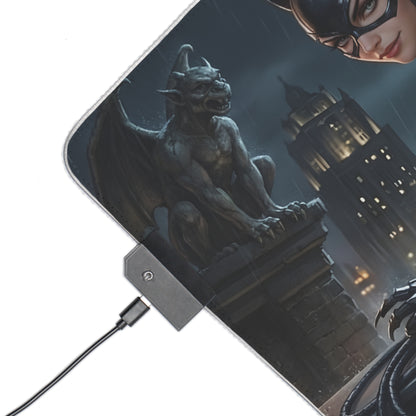 Catwoman RGB Mouse Pad – DC Comics LED Desk Mat, Villain Gamer Decor showing Catwoman close-up, gargoyle and RGB lighting on extended desk mat