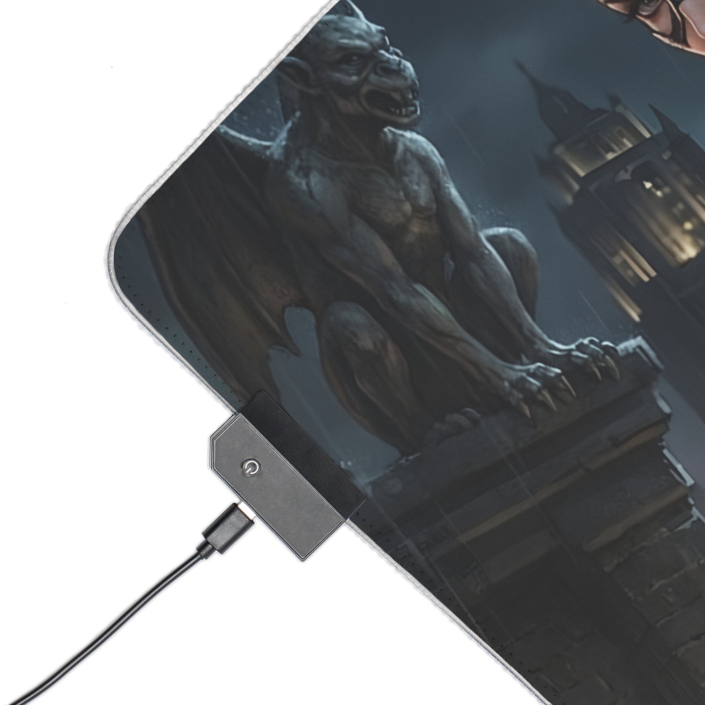 Catwoman RGB Mouse Pad – DC Comics LED Desk Mat, Villain Gamer Decor showing gargoyle corner, RGB controller and stitched edge on extended mat