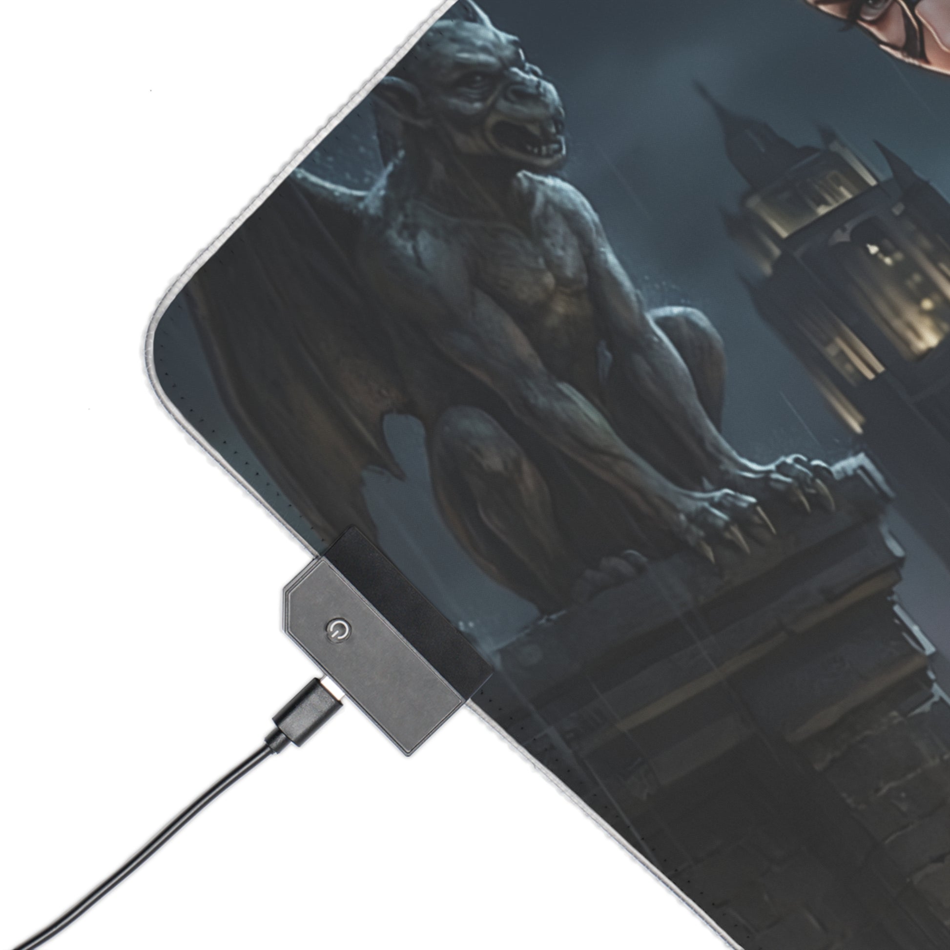 Catwoman RGB Mouse Pad – DC Comics LED Desk Mat, Villain Gamer Decor showing gargoyle corner, RGB controller and stitched edge on extended mat
