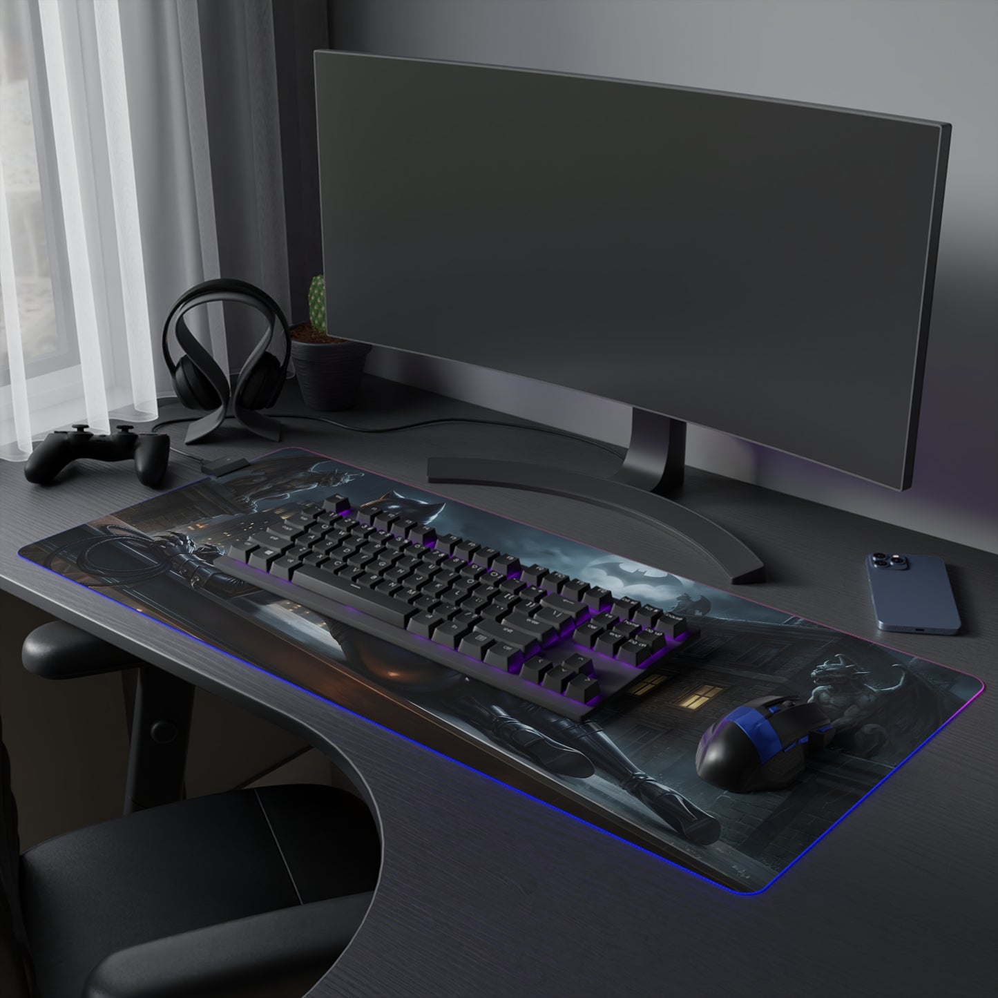 Catwoman RGB Mouse Pad – DC Comics LED Desk Mat, Villain Gamer Decor on gaming desk with RGB edge lighting and full keyboard coverage
