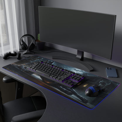 Catwoman RGB Mouse Pad – DC Comics LED Desk Mat, Villain Gamer Decor on gaming desk with RGB edge lighting and full keyboard coverage